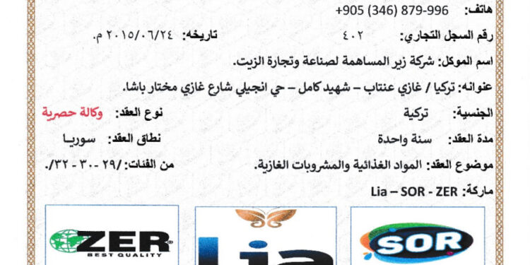 تجديد الوكالة الحصرية التي تحمل اسم العلامة التجارية (zer) وإضافة العلامات التجارية (lia) – (sor) عائدة للســـيد: عبد الكريم قزه وشركاه